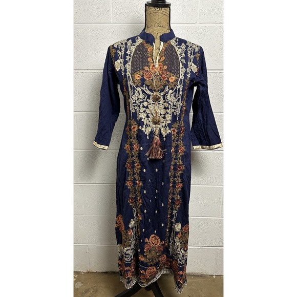 None Other - Embroidered Kurta Dress Womens Medium Blue Floral‎ Shalwar Kameez Tassel Ethnic